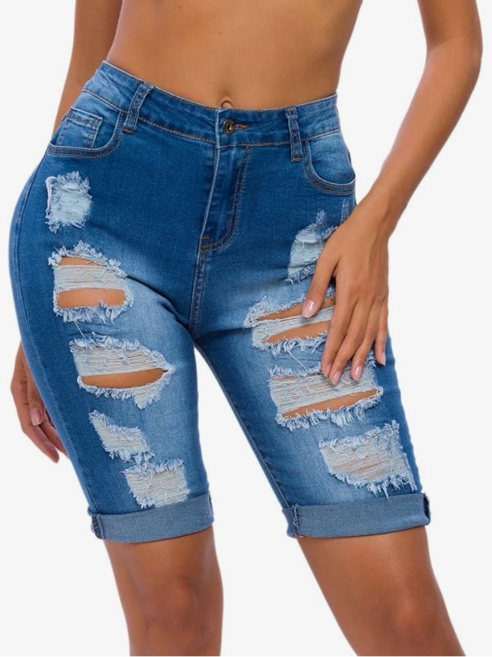 Ripped Mid-Length Denim Shorts - Blue